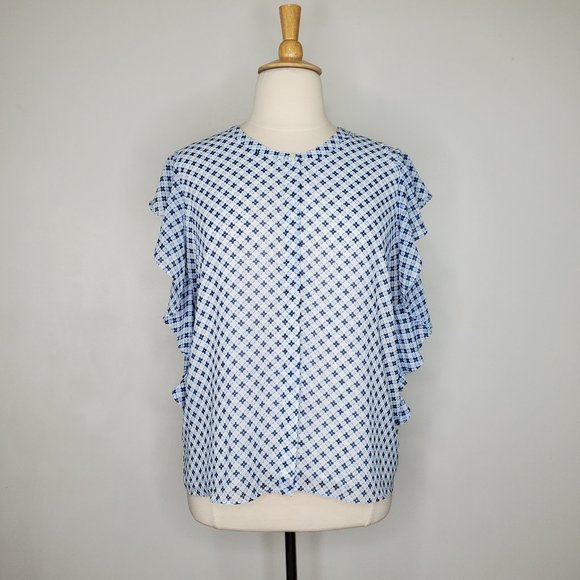 Roz & Ali Blue White Flutter Sleeve Ruffle Side Button Up Top Blouse NEW Size XL - Picture 15 of 15